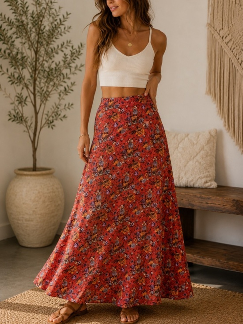 LuLaRoe Floral Maxi Skirt Size Small Red Orange Boho A-Line Stretch